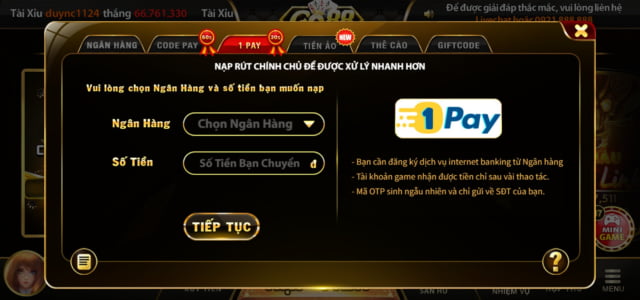Nạp Go88 bằng 1pay
